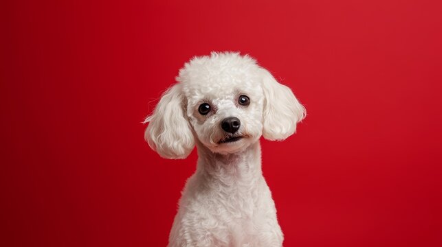 A charming white poodle with fluffy fur, big brown eyes, and a curious expression, stands against a vibrant red backdrop. The dog's playful nature, loyalty, and companionship are evident in its sweet 
