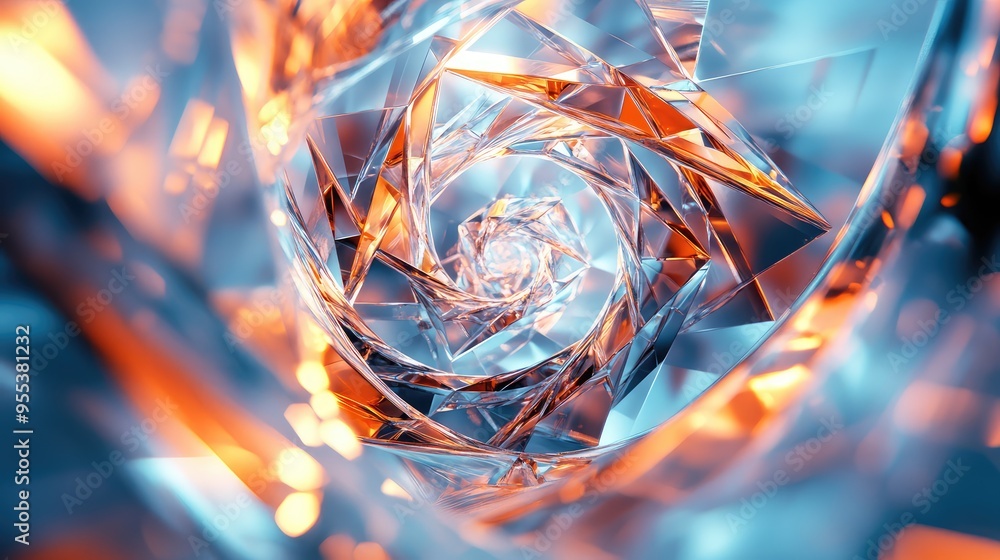 Poster a 3d render of an abstract spiral made of glowing glass triangles, creating a dynamic and futuristic