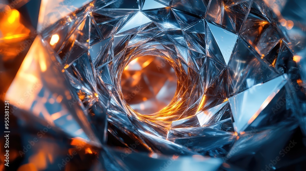 Poster a 3d render of an abstract spiral made of glowing glass triangles, creating a dynamic and futuristic