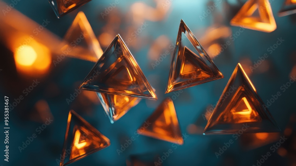 Poster a collection of floating glass triangles, glowing softly from within, forming a complex, abstract st