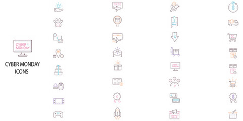 Cyber monday simple concept 44 flat icons set. Contains such  Online Shopping , E-commerce Deals, Digital Discounts, Cyber Sales, Internet Shopping, Virtual Bargains etc.Vector illustration.