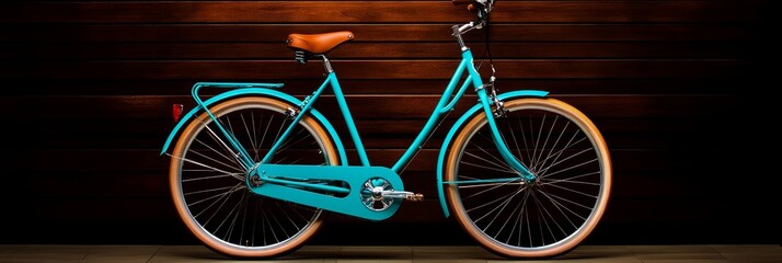 Fototapeta premium A classic blue bicycle with brown leather accents stands against a wooden backdrop, symbolizing nostalgia, simplicity, and a love for vintage aesthetics. The bicycle represents a carefree spirit and t