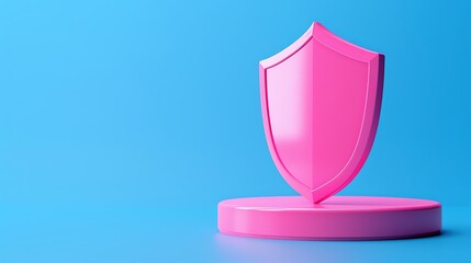 Fototapeta premium Bright pink shield icon on a stand with a blue background, symbolizing protection, security, and safety concepts.