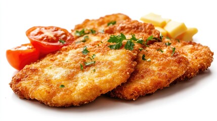Crispy fried chicken cutlets with tomatoes. Perfect for food blogs, restaurant menus, or articles about delicious meals.
