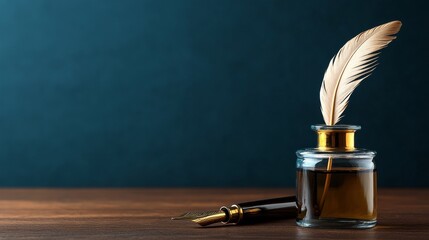 A classic quill pen and inkwell rest on a wooden desk against a teal backdrop, symbolizing creativity, tradition, and the beauty of handwritten words. The inkwell is filled with dark ink, ready to be 