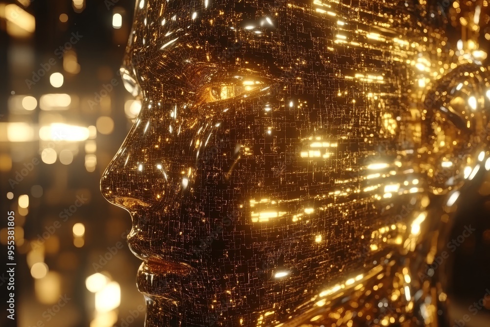 Aufkleber impulse control neural oscillation digital depiction of a golden face composed of glowing data point