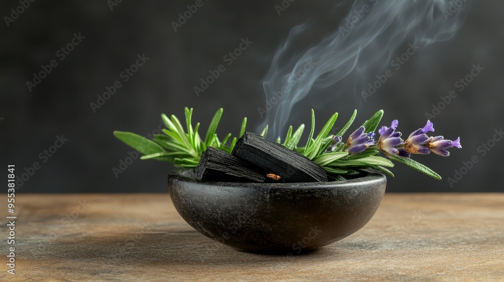 Wall mural a close-up image of a black bowl filled with burning charcoal, rosemary sprigs, and lavender flowers