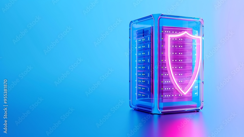 Poster brightly lit server with a fluorescent shield, symbolizing advanced cyber security and data protecti