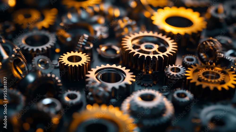 Poster a close-up image of a collection of industrial metal gears and cogs of various sizes and shapes. the