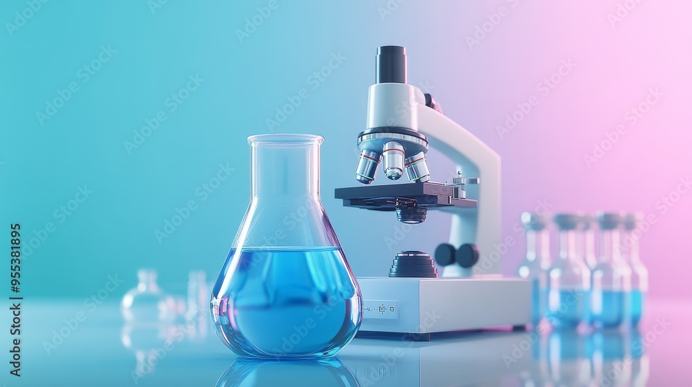 Poster a close-up image of a laboratory setup featuring a microscope and flasks filled with blue liquid. th