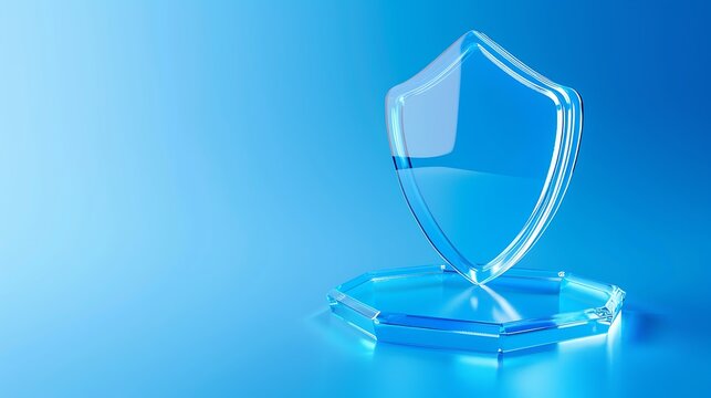 Clear glass shield trophy on blue background symbolizes protection, security, achievement, perfect for awards or recognition themes.