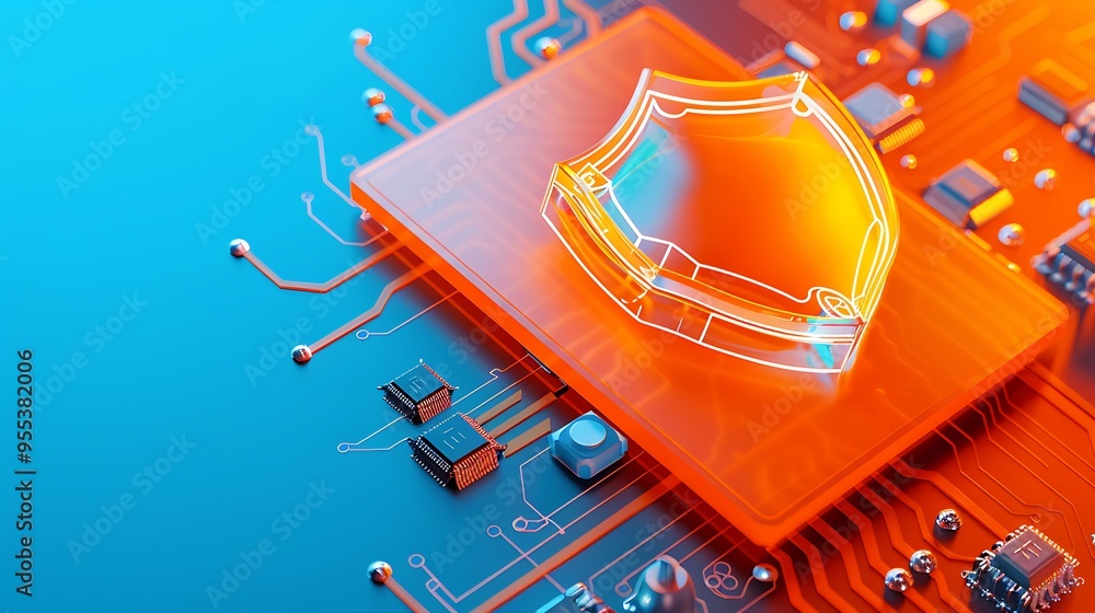 Poster close-up of a computer microchip with a shield icon symbolizing cybersecurity on a blue and orange c