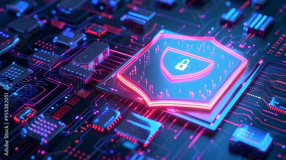 Poster close-up of a digital security graphic on a circuit board with glowing elements, representing cybers