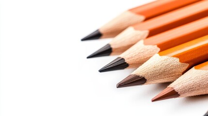 Obraz premium A close-up image of several brown pencils, sharpened and arranged diagonally, against a white backdrop. The image evokes a sense of creativity, education, and artistic expression.
