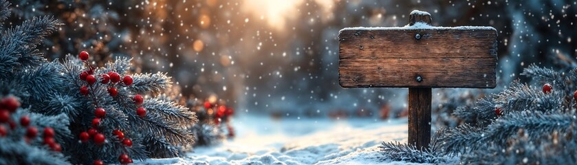 Fototapeta premium Winter Forest Path with Wooden Sign. The sign is covered with snow. Pine trees and Berries 