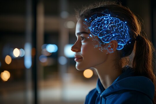 Cognitive flexibility Neural oscillation Woman’s profile with a glowing blue brain symbolizing the integration of technology and human cognition in a modern world