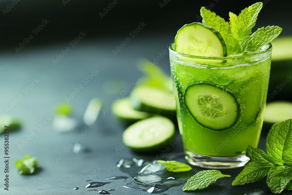 Aufkleber A close-up of a refreshing cucumber mint cooler drink with ice, garnished with fresh cucumber slices and mint leaves. The drink is served in a glass on a black surface with additional cucumber slices 