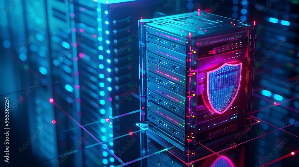 Poster close-up of a secure server rack with neon lights symbolizing data protection and cybersecurity in a