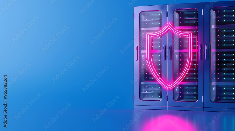 Poster closeup of a server rack with a glowing pink shield symbol, representing cybersecurity and data prot