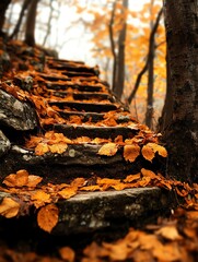 Fototapeta premium A serene pathway of stone steps covered in vibrant autumn leaves under a canopy of trees.