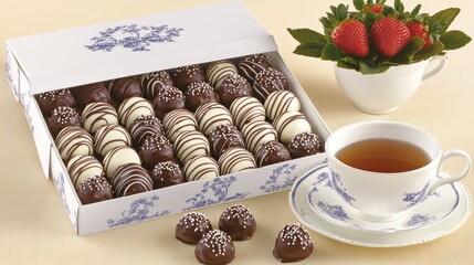 A delightful assortment of chocolate-covered strawberries is arranged next to a steaming cup of tea on a rustic table, creating a comforting atmosphere for relaxation