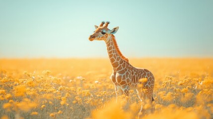 Obraz premium Charming baby giraffe in a field with a clear sky