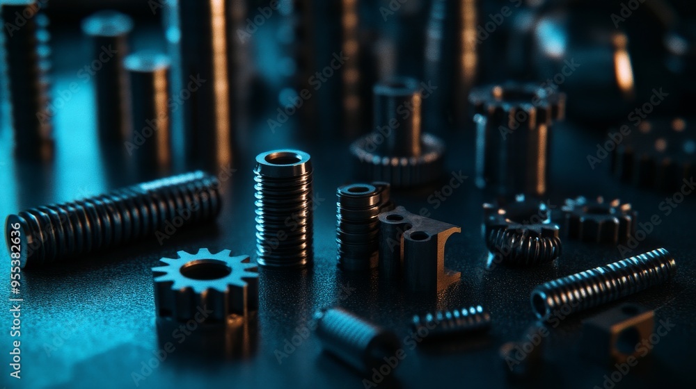 Poster a close-up of various metal parts and gears, showcasing precision engineering, intricate designs, an