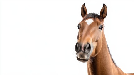 Fototapeta premium A close-up portrait of a brown horse with a white star on its forehead, looking directly at the camera with a curious and slightly comical expression. The horse's large eyes and slightly open mouth c
