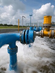 A close-up of an industrial wastewater treatment system, showcasing the precise piping system, water flowing, and a focus on efficiency and cleanliness. This image symbolizes environmental sustainabil