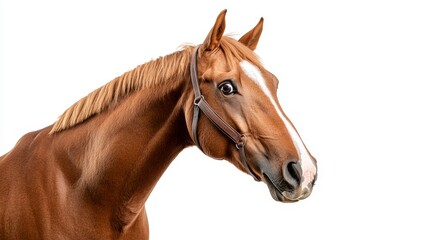 Fototapeta premium A close-up portrait of a chestnut horse with a white blaze on its face, looking directly at the camera with a curious expression. The horse is wearing a brown halter and is isolated against a white ba