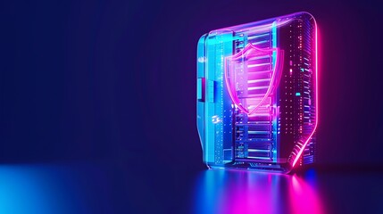 Colorful illuminated server with neon lights symbolizing data security, shield, and technology protection in a futuristic setup.