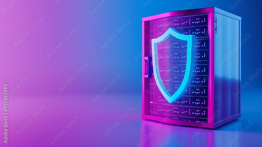 Poster colorful server rack with a glowing shield icon representing cybersecurity and data protection in a 
