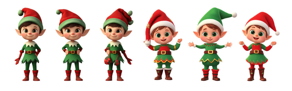 Set of 3D Cartoon Christmas Elves on Transparent Background for Festive Designs