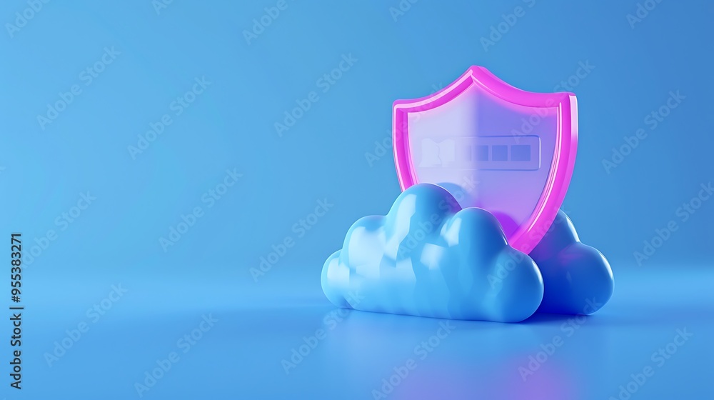 Poster concept of cloud security and data protection, featuring a shield icon over a cloud on a blue backgr