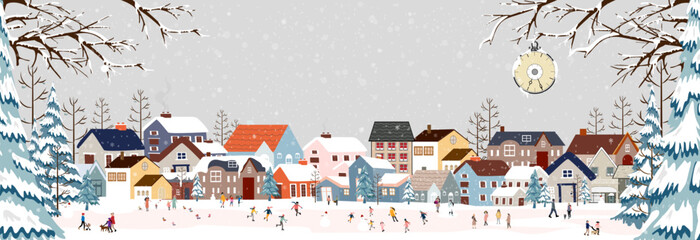 Winter City Scene,Christmas Greeting Card,New Year 2025 Background,Vector illustration of Horizon Cute Fairy Houses with Snowy for Christmas winter landscape Design for Postcard,Calendar,Web Banner