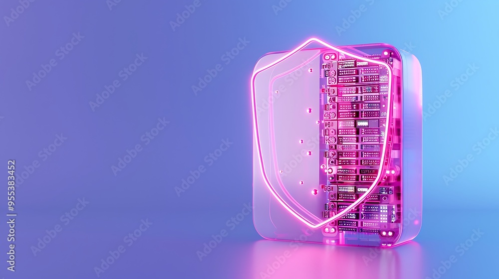 Poster conceptual image showcasing cybersecurity with neon shield protecting a server on a blue background.