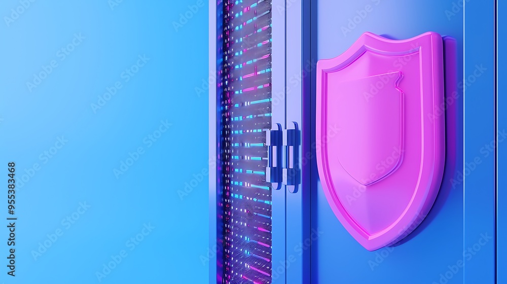 Aufkleber creative depiction of cybersecurity with a shield icon on a server in a data center, emphasizing dat