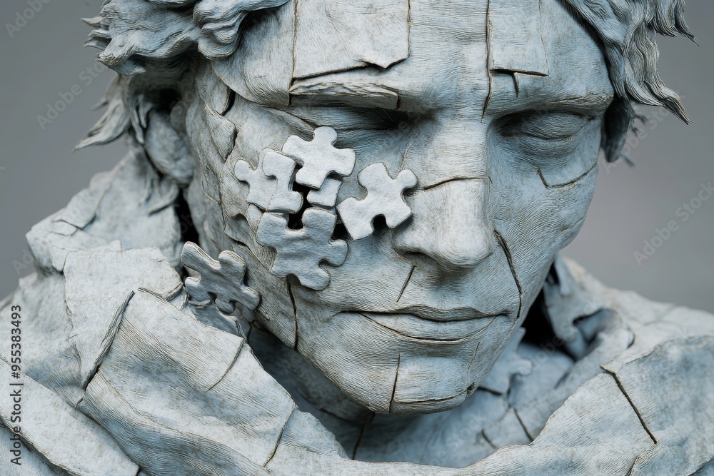 Poster psychological assessment neural oscillation sculpture of a face composed of puzzle pieces representi