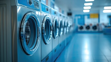 A row of washing machines in a laundromat. The photo can be used for website or blog posts about laundry, cleaning, or household chores.
