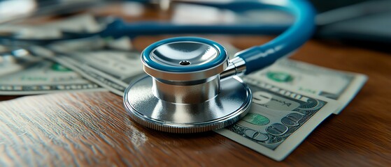 A stethoscope placed on money, symbolizing the intersection of healthcare and finance in modern medicine.