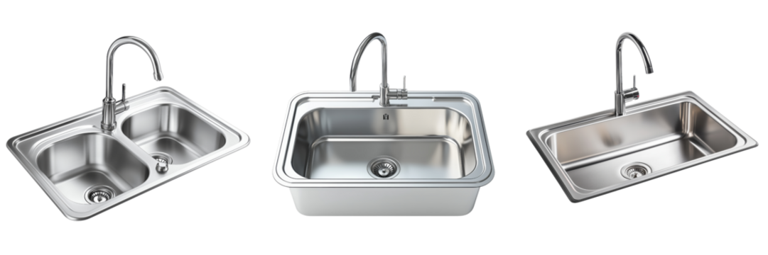 set of stainless steel kitchen sink with faucet on a transparent background