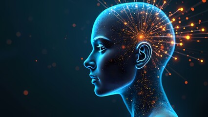 Obraz premium Human Face Composed of Glowing Lines with Neural Pathways in Dark Space