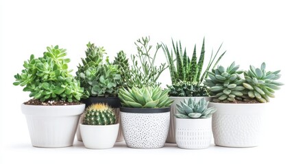 A variety of indoor plants, cacti, and succulents in white pots against a bright backdrop