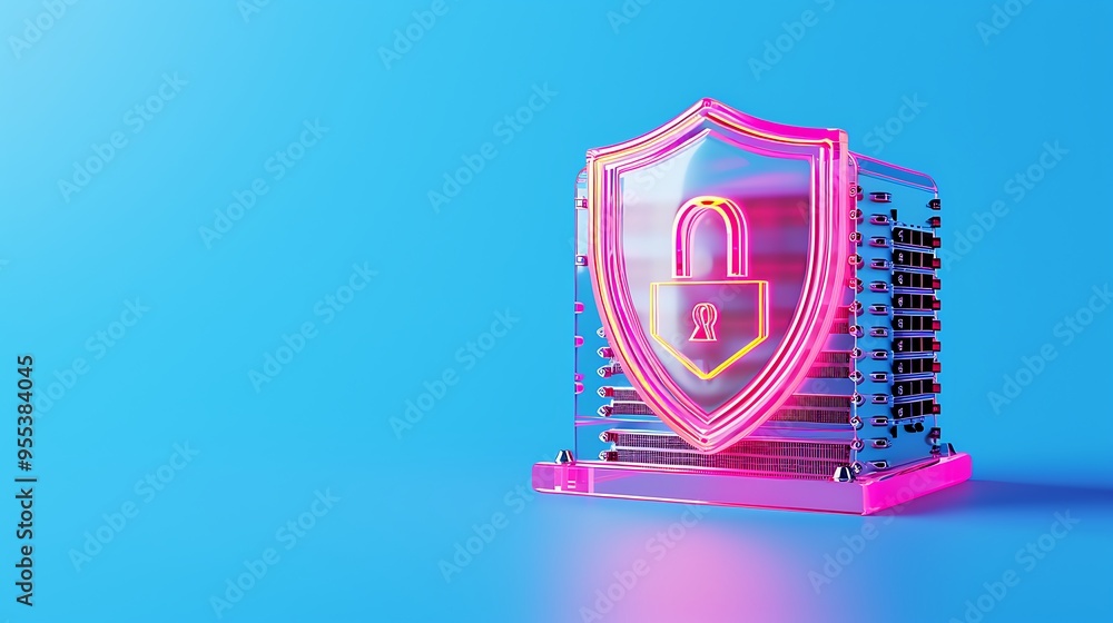 Poster cybersecurity concept image showing a server rack and a neon shield with a padlock on a blue backgro