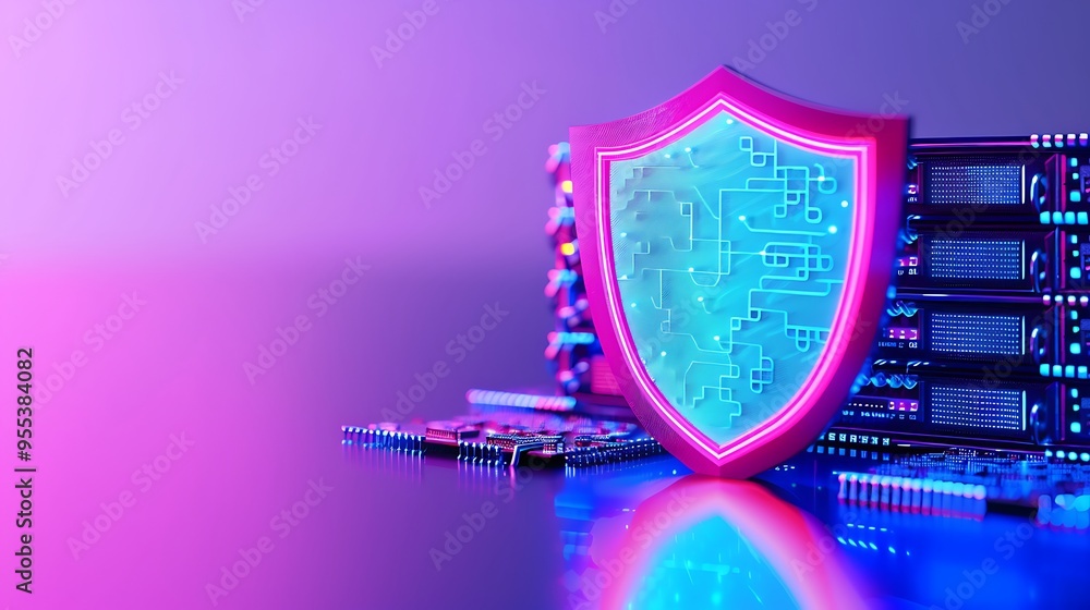Poster cybersecurity concept image with a glowing shield and circuit boards, representing data protection a