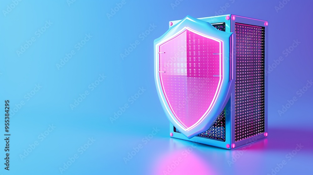 Poster cybersecurity concept with a 3d shield icon placed over a server, displaying data protection and net