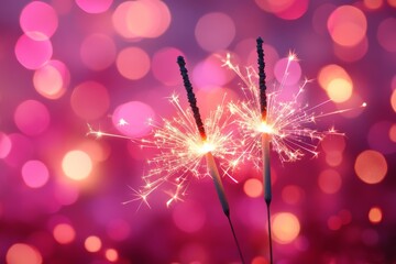 Obraz premium Two sparklers lit against a vibrant pink and purple bokeh background, creating a warm and celebratory holiday vibe.