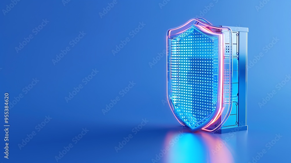Poster cybersecurity concept with a glowing shield and server rack background, emphasizing data protection 