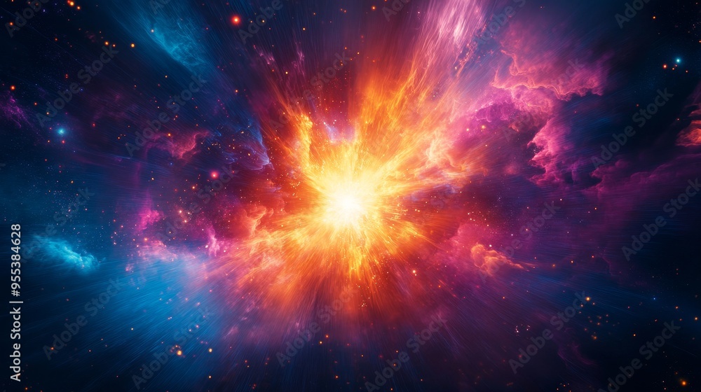 Poster a cosmic rayburst erupts from the heart of a vibrant nebula, showcasing a mesmerizing display of ene