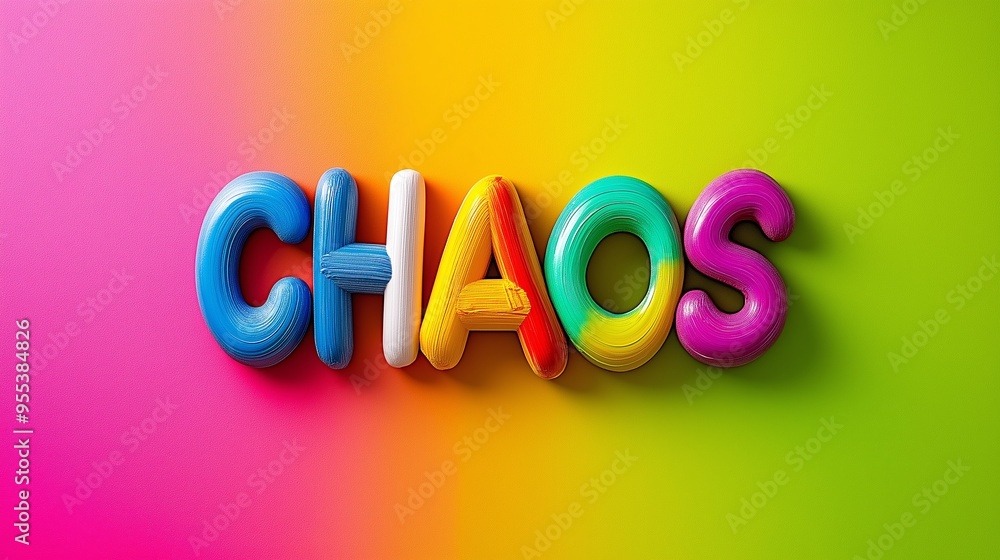 Poster chaos is the word that is written in a colorful font. the font is made up of different colored lette